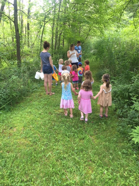 Teacher leading a group of students in the woods