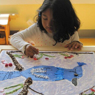 Young kindergarten student coloring at her desk